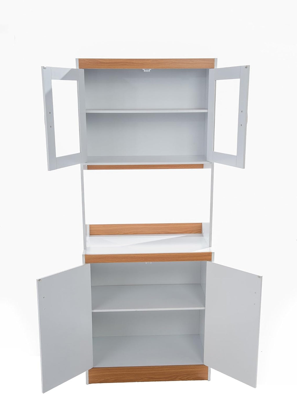 White Tall Kitchen Microwave Cart with Cabinets and Glass Doors J893979