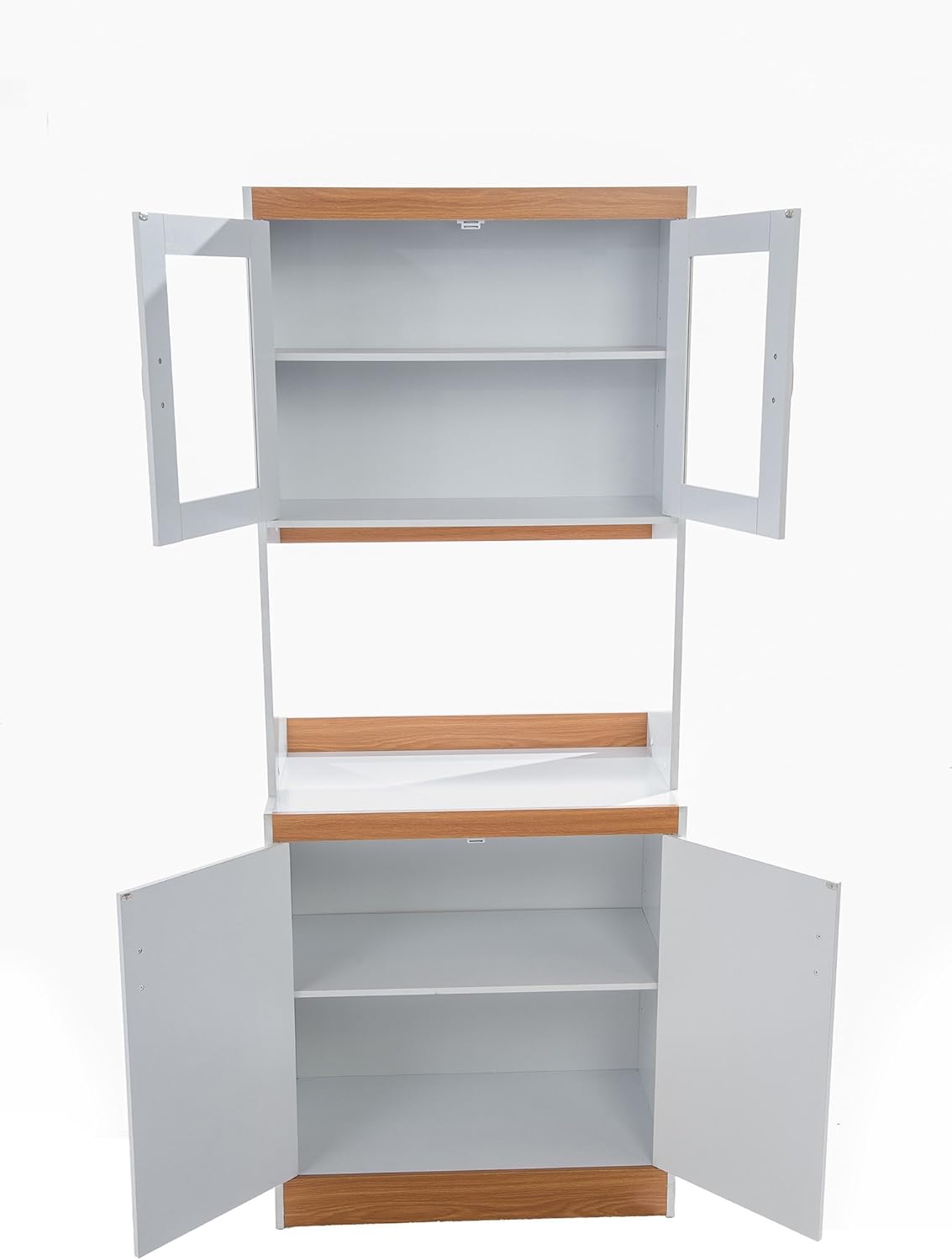 White Tall Kitchen Microwave Cart with Cabinets and Glass Doors J893979