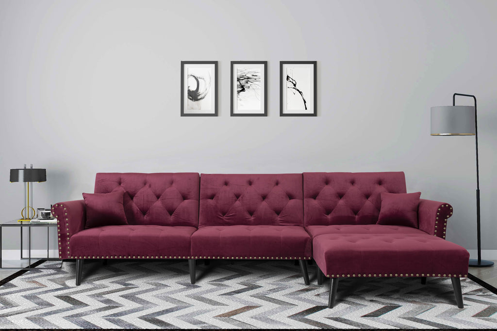 Convertible Sectional Sofa Bed, Velvet L-Shaped 3-Seat Couch Sleeper W411392