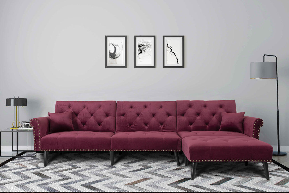 Convertible Sectional Sofa Bed, Velvet L-Shaped 3-Seat Couch Sleeper W411392