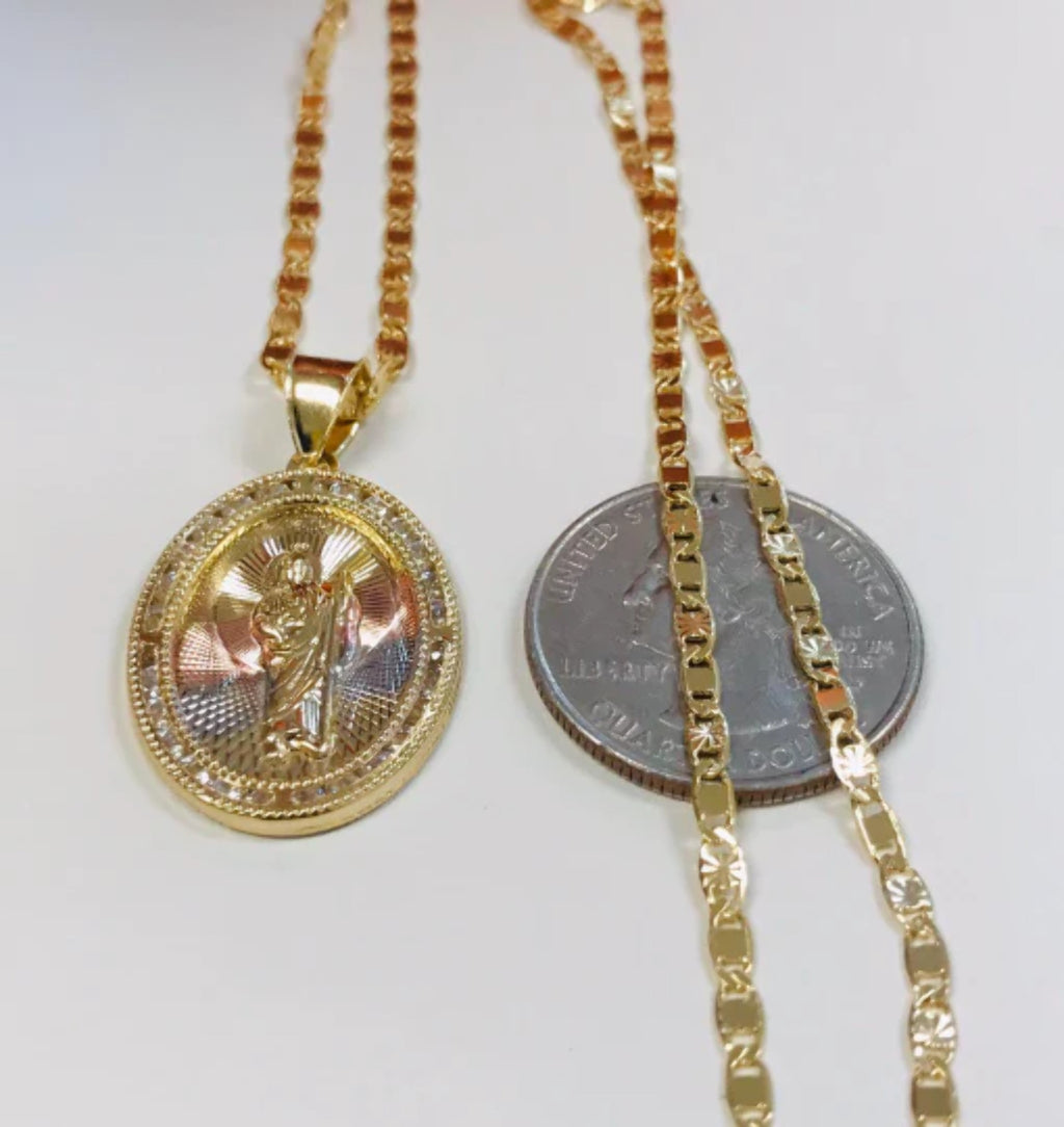 14K Gold Filled San Judas Necklace Tri-Color with CZ Stones 20" 28x20mm A161