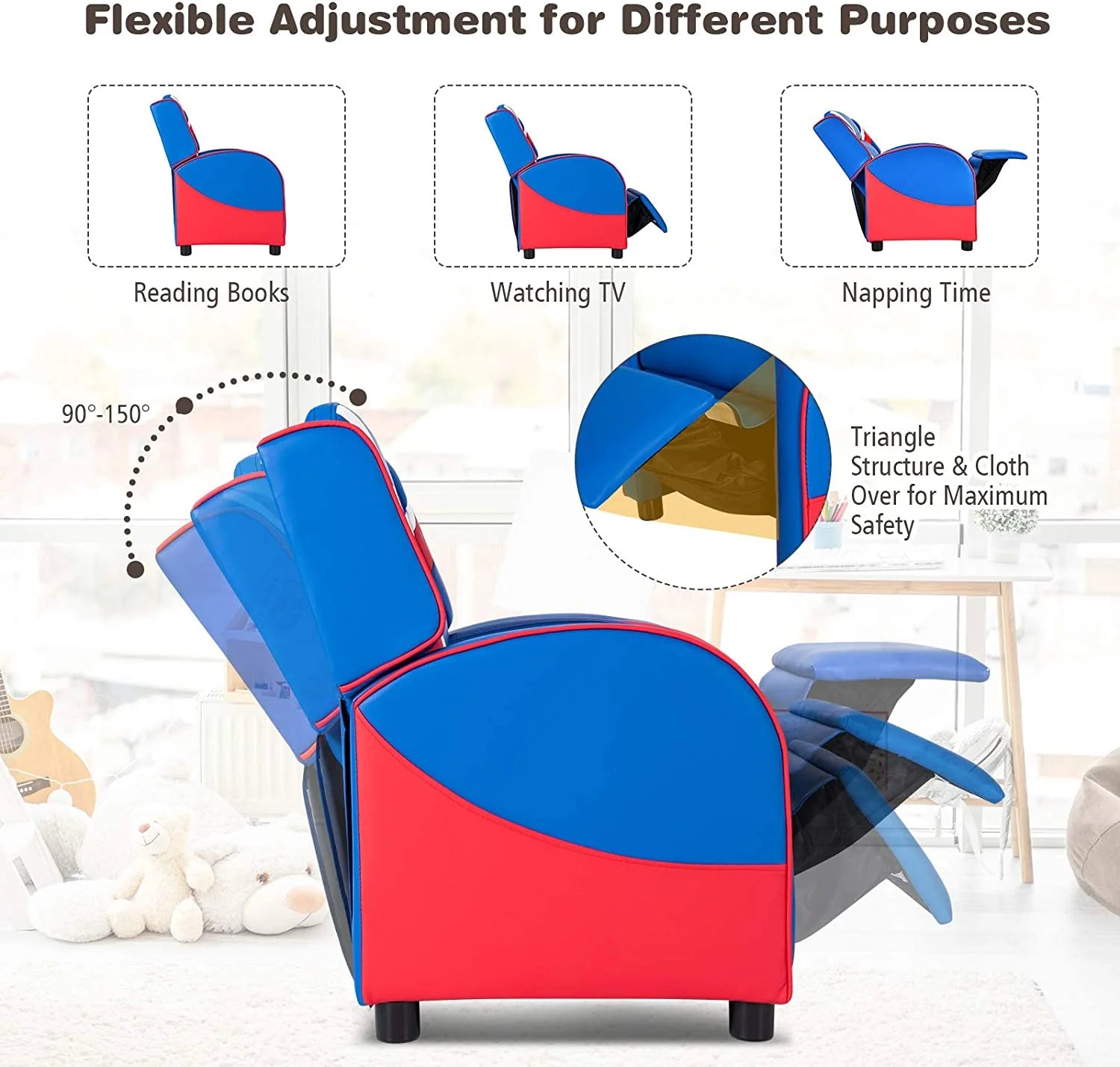 Blue Ergonomic Leather Recliner Chair with Footrest L47564