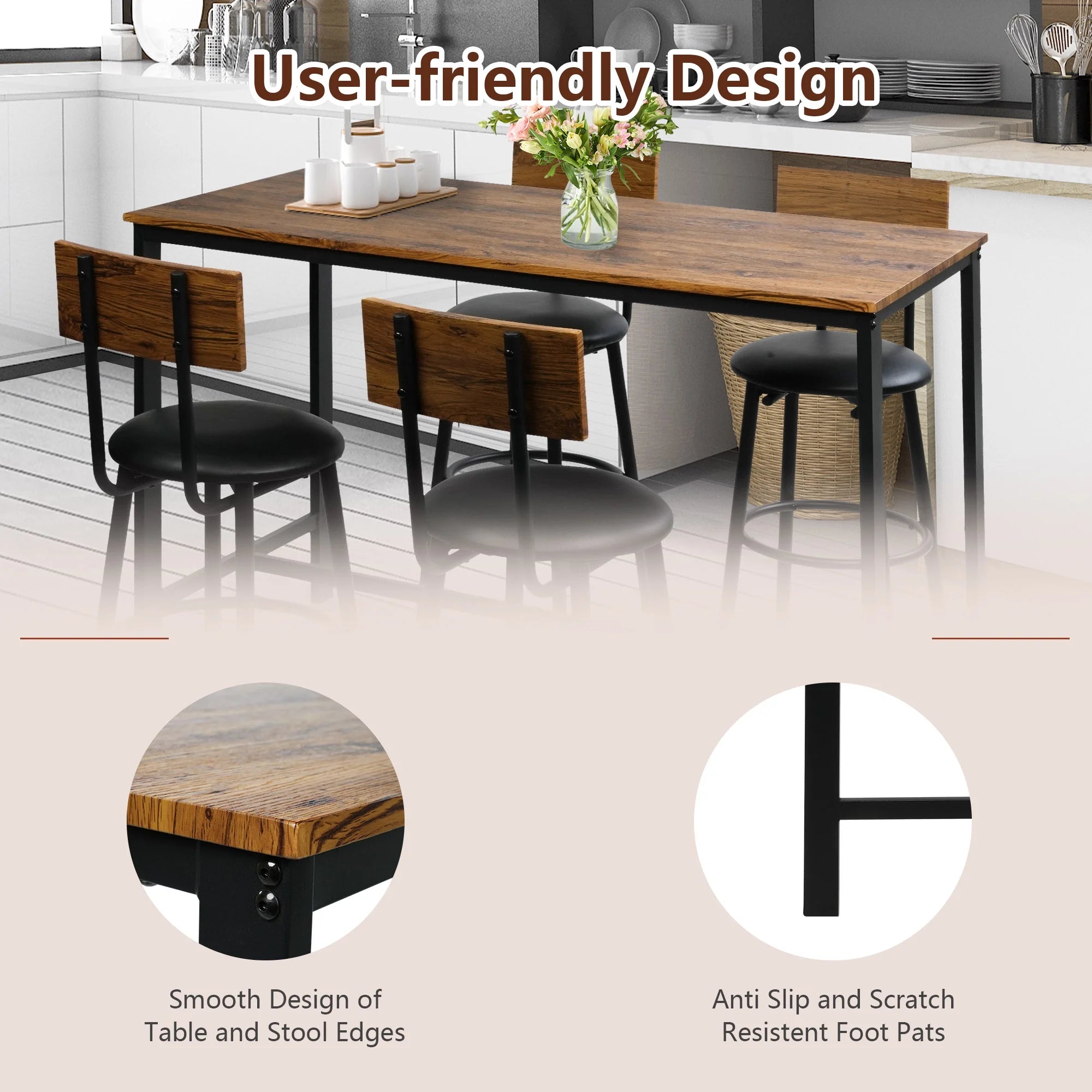 Rustic Brown PU Upholstered Bar Table Set of 4 with 4 Stools D57192