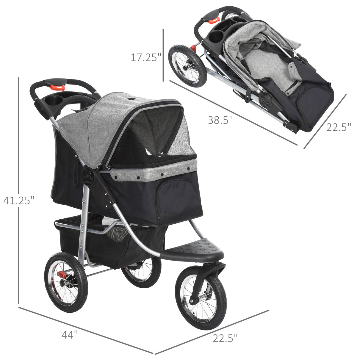 Grey Folding Pet Stroller with Adjustable Canopy R4868