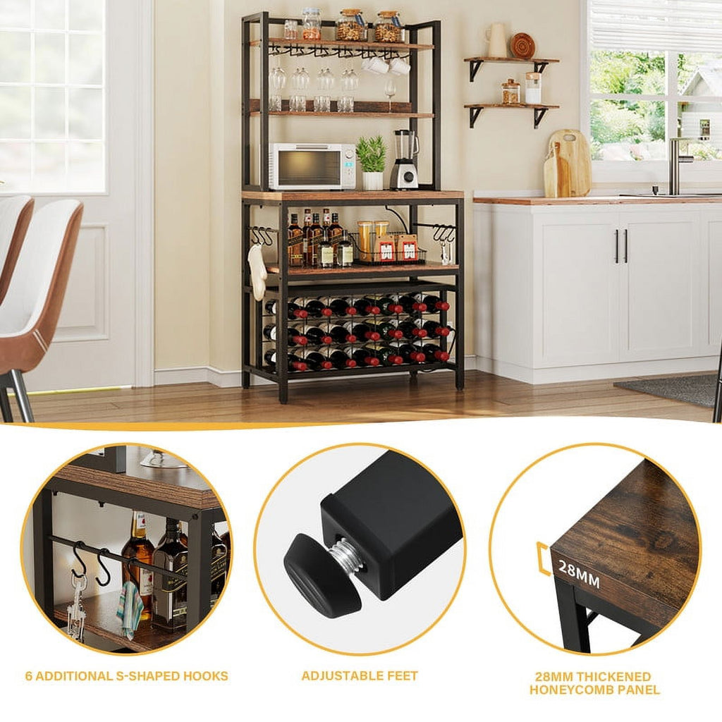 Rustic Brown 4 Tier Coffee Bar Station with Wine Rack and Power Outlet C3751