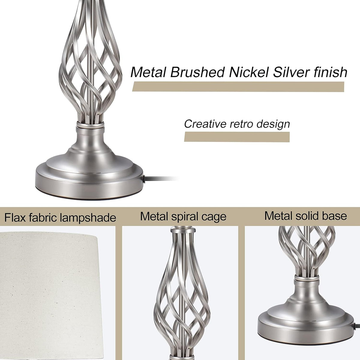 Brushed Nickel Silver Table Lamps Set of 2 W8301