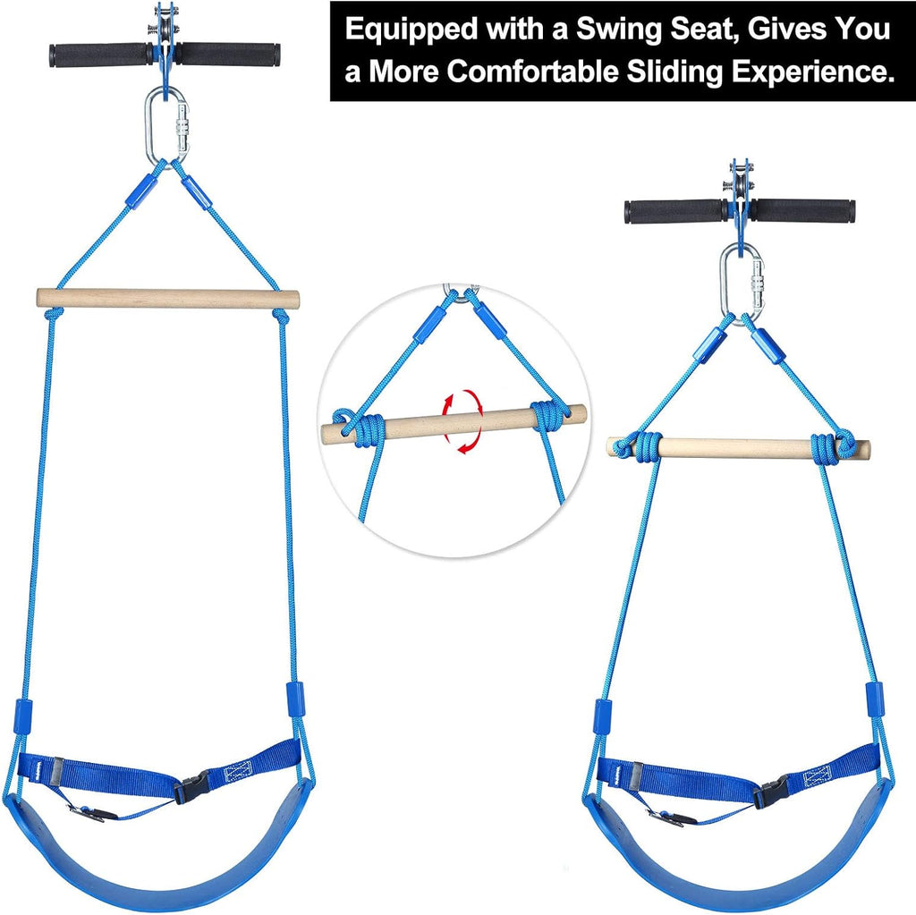 Swing Seat Zipline Kit with Stainless Steel Spring Brake, 120FT Main Cable, 9.8FT Sling Cable, Trolley with Handle, Safety Harness K671