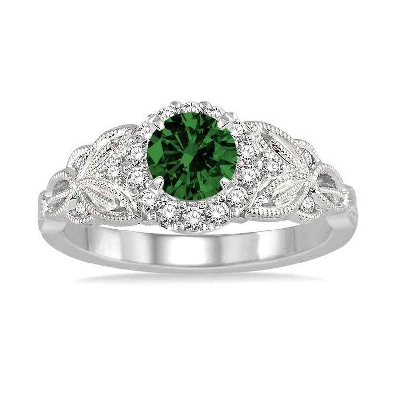1.25 Carat Antique Round Cut Emerald and Diamond Engagement Ring in 14k White Gold B348