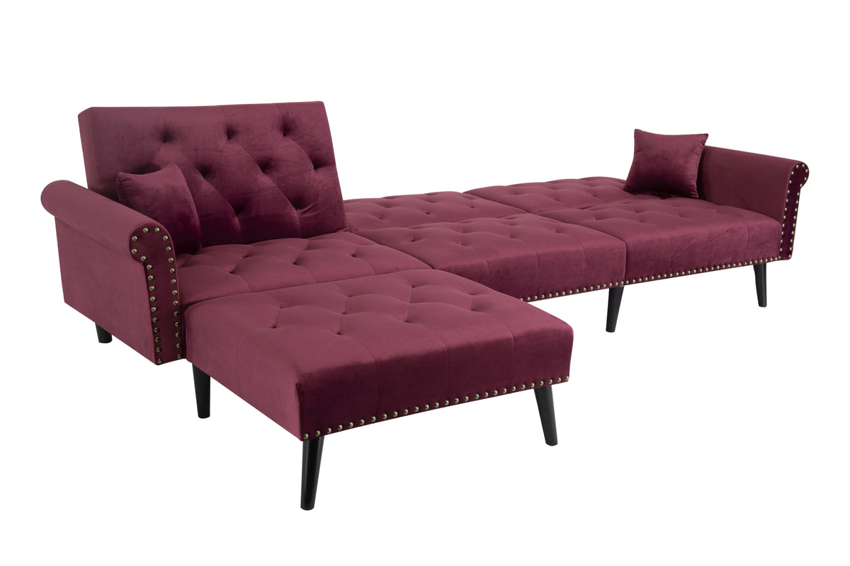 Convertible Sectional Sofa Bed, Velvet L-Shaped 3-Seat Couch Sleeper W411392