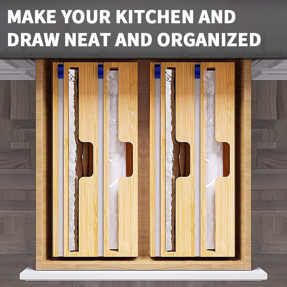 Bamboo Wood Wrap Dispenser with Slide Cutter 2 Slots Aluminum Foil Organizer Pack of 2 J92719