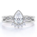 Vintage Pear Shaped Real Diamond Bezel Set Wedding Ring Set in 10k White Gold U829