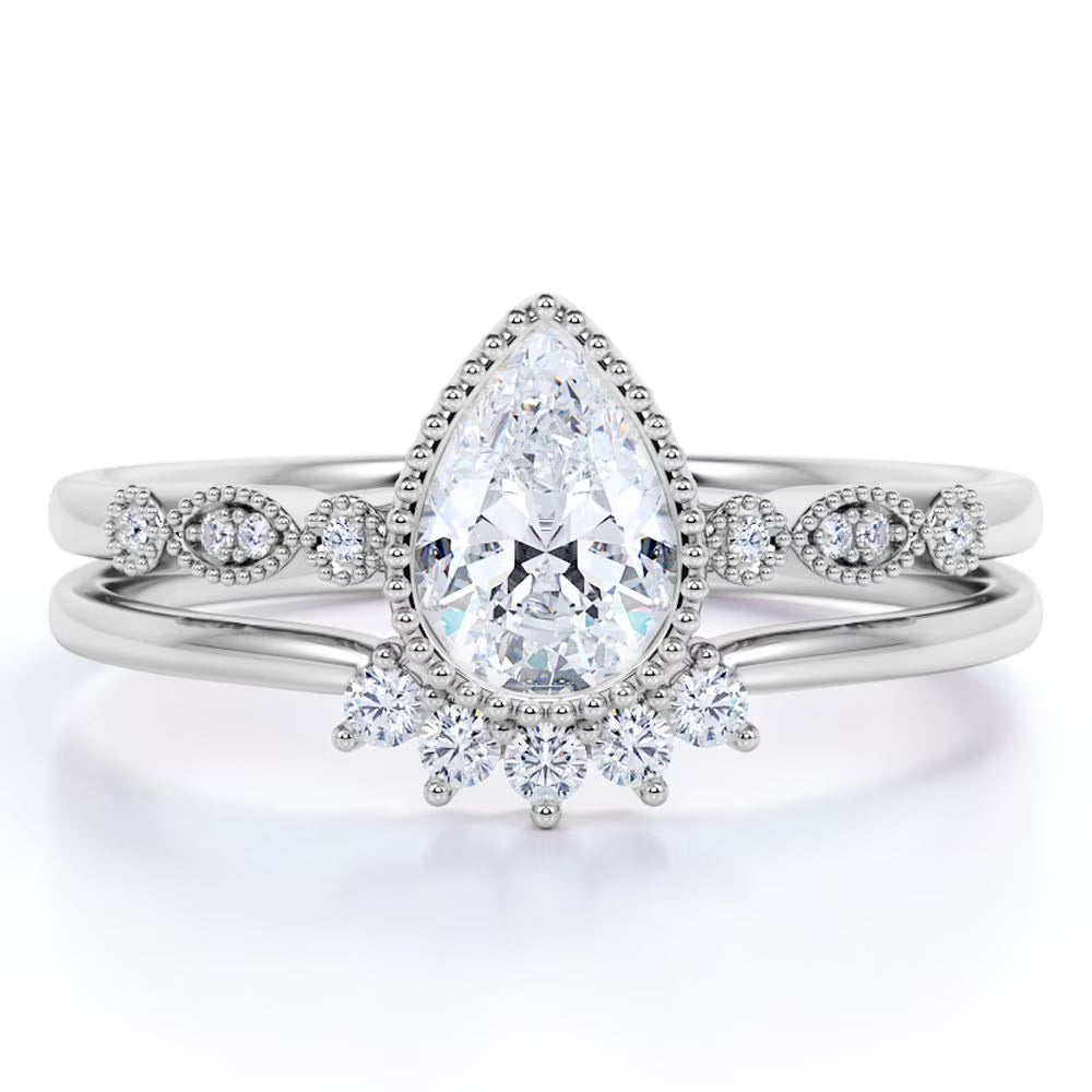 Vintage Pear Shaped Real Diamond Bezel Set Wedding Ring Set in 10k White Gold U829