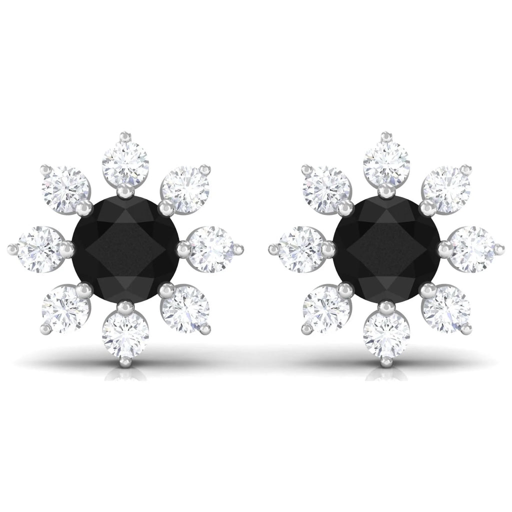 Black Diamond Floral Stud Earrings, 925 Sterling Silver D9593