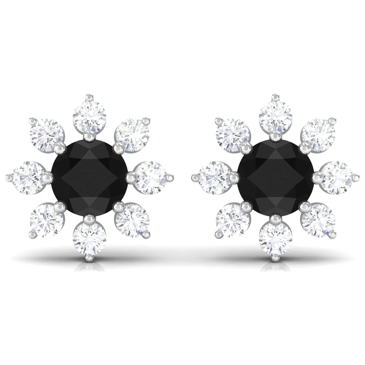 Black Diamond Floral Stud Earrings, 925 Sterling Silver D9593