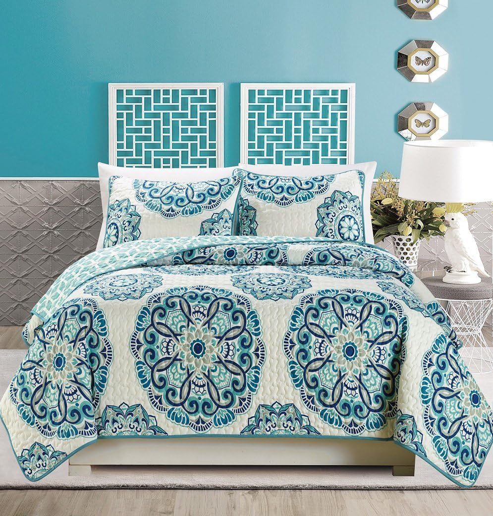 Turquoise Navy Blue Grey Oversize 3-Piece Quilt Set King/Cal King Size O531