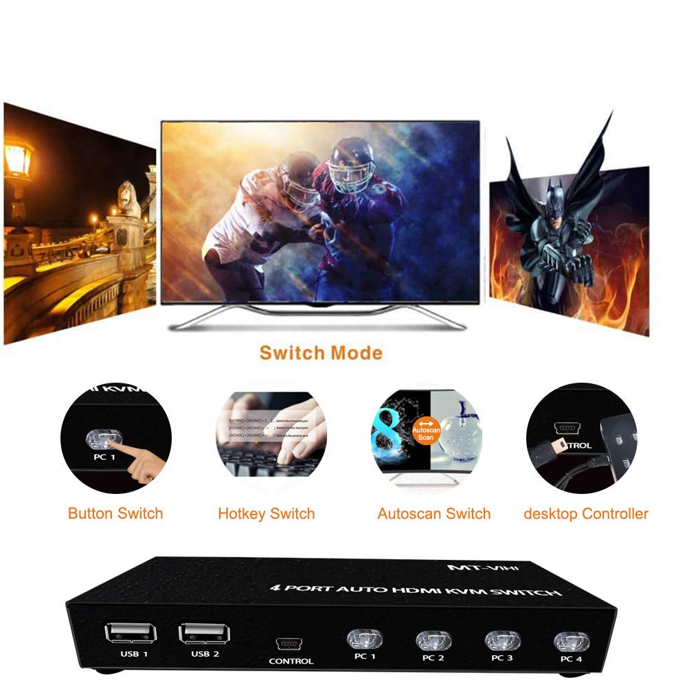 4K HDMI KVM Switch 4 Port with 4 USB Ports, 4K@60Hz HDMI2.0, Pack of 2 E8888