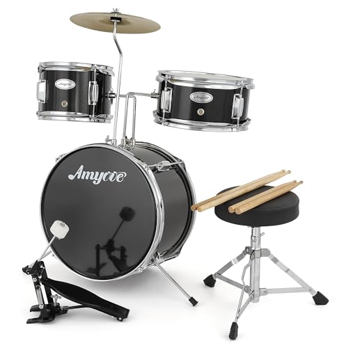 3 Piece Junior Drum Set with Cymbal, Tom, Bass Drum, Drumsticks, Bass Pedal and Drum Stool, Black S804792