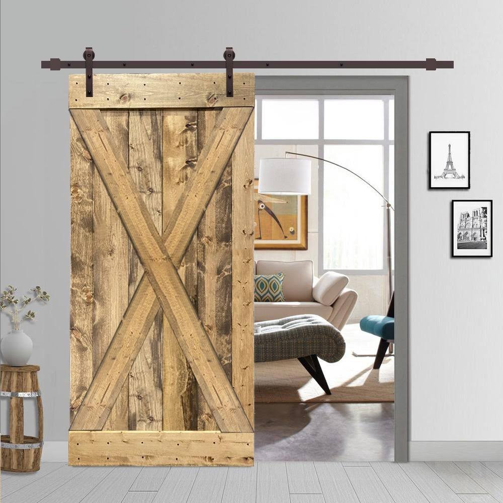 38 in. x 84 in. Weather Oak Stained Pine Wood Sliding Barn Door with Hardware Kit T5404