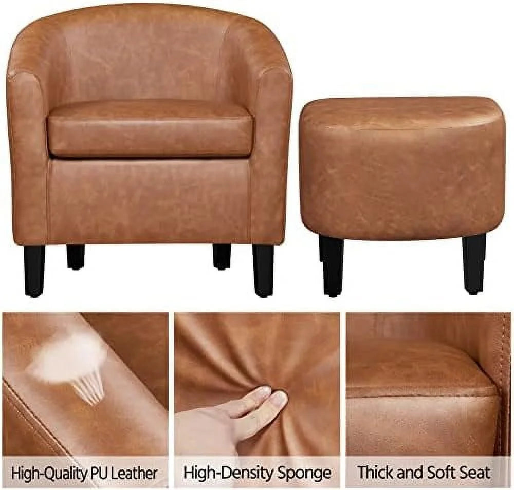 Accent Chair with Ottoman, Faux Leather Barrel Chair with Footrest, Upholstered Club Tub Chair V139010