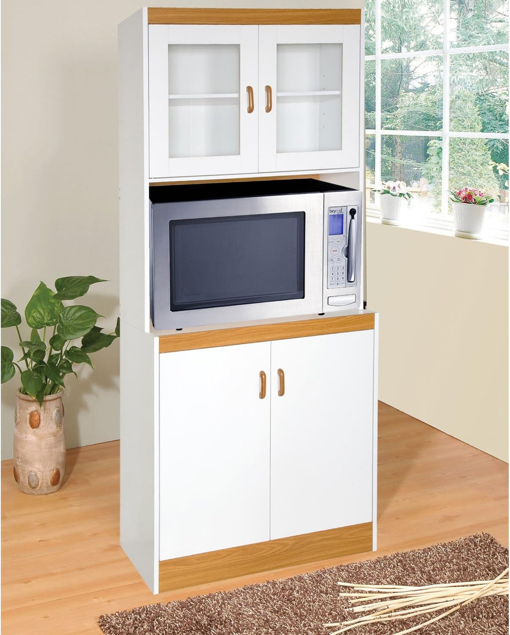 White Tall Kitchen Microwave Cart with Cabinets and Glass Doors J893979