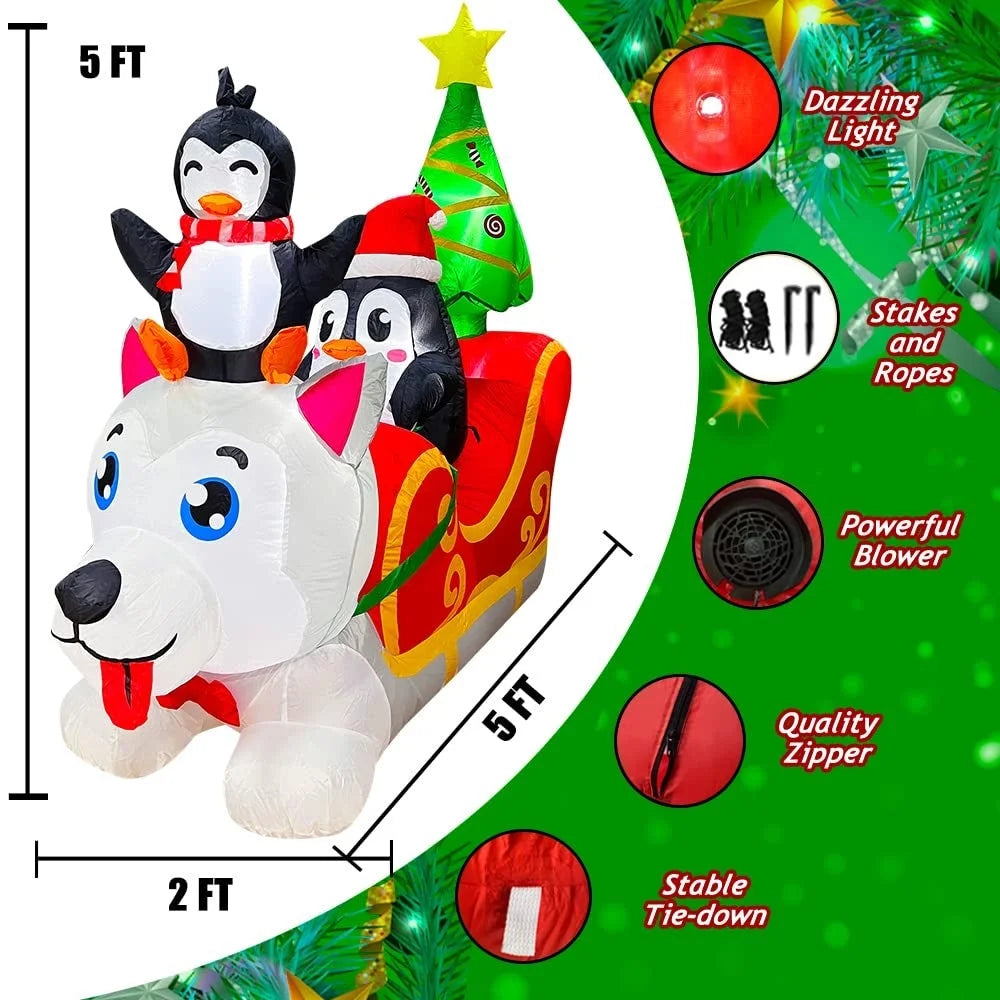 Inflatable Christmas Dog Sledding Decoration with Penguin and Christmas Tree, 5FT Y841