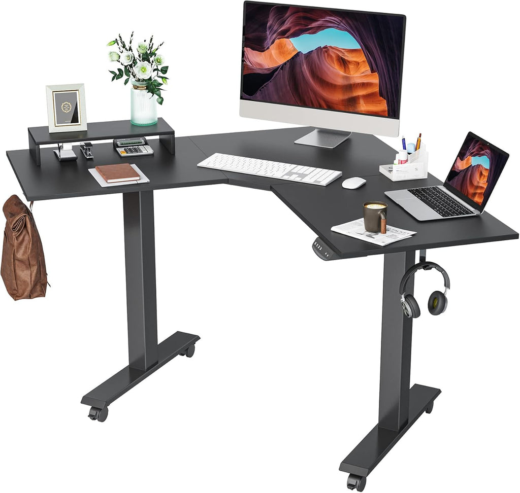 L Shaped Electric Standing Desk with Bamboo Top and Black Frame N40545