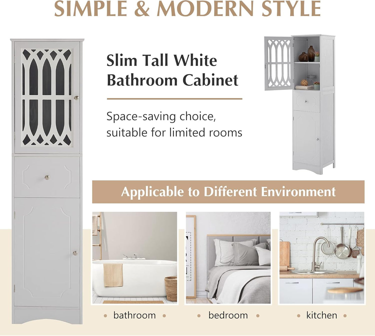 White 16.5" L x 14.2" W x 63.8" H Bathroom Storage Cabinet N563