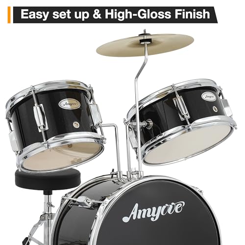 3 Piece Junior Drum Set with Cymbal, Tom, Bass Drum, Drumsticks, Bass Pedal and Drum Stool, Black S804792