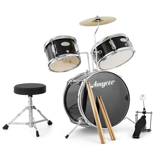 3 Piece Junior Drum Set with Cymbal, Tom, Bass Drum, Drumsticks, Bass Pedal and Drum Stool, Black S804792