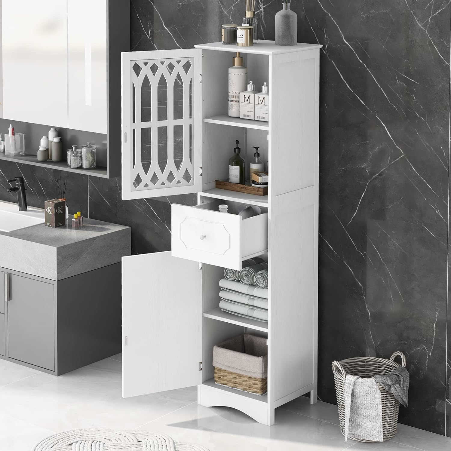 White 16.5" L x 14.2" W x 63.8" H Bathroom Storage Cabinet N563