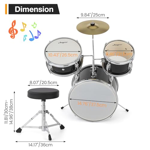 3 Piece Junior Drum Set with Cymbal, Tom, Bass Drum, Drumsticks, Bass Pedal and Drum Stool, Black S804792