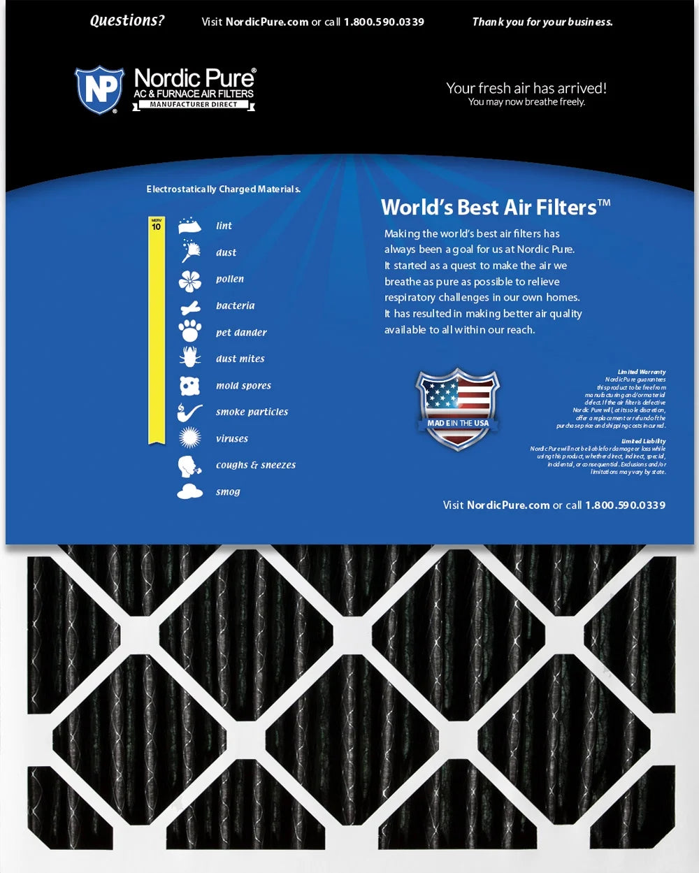 16x25x4 MERV 10 Pleated Carbon Furnace Air Filter T82165