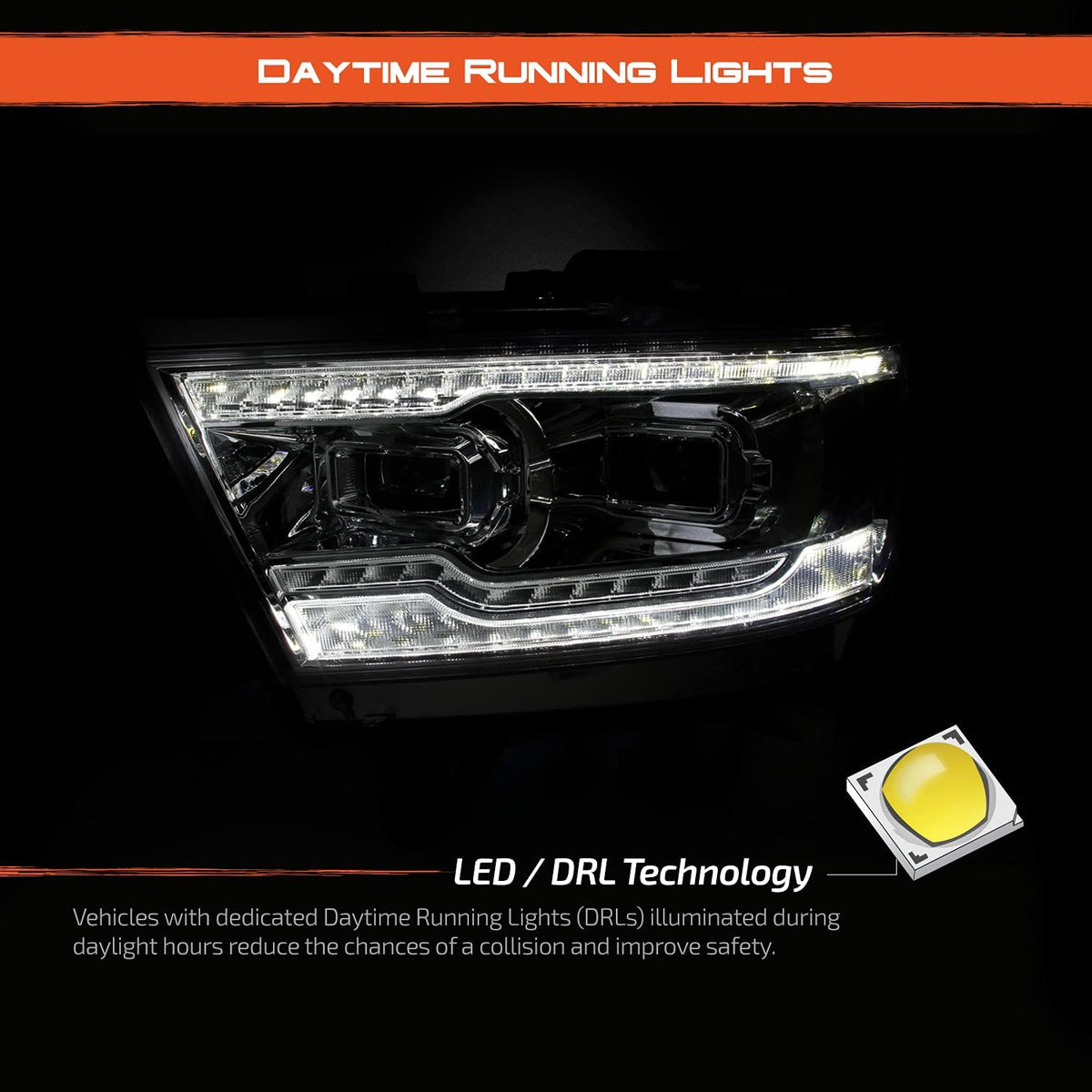 Chrome Housing Dual Projector Full-LED Sequential Light Bar Headlights for Dodge RAM 1500 U871408