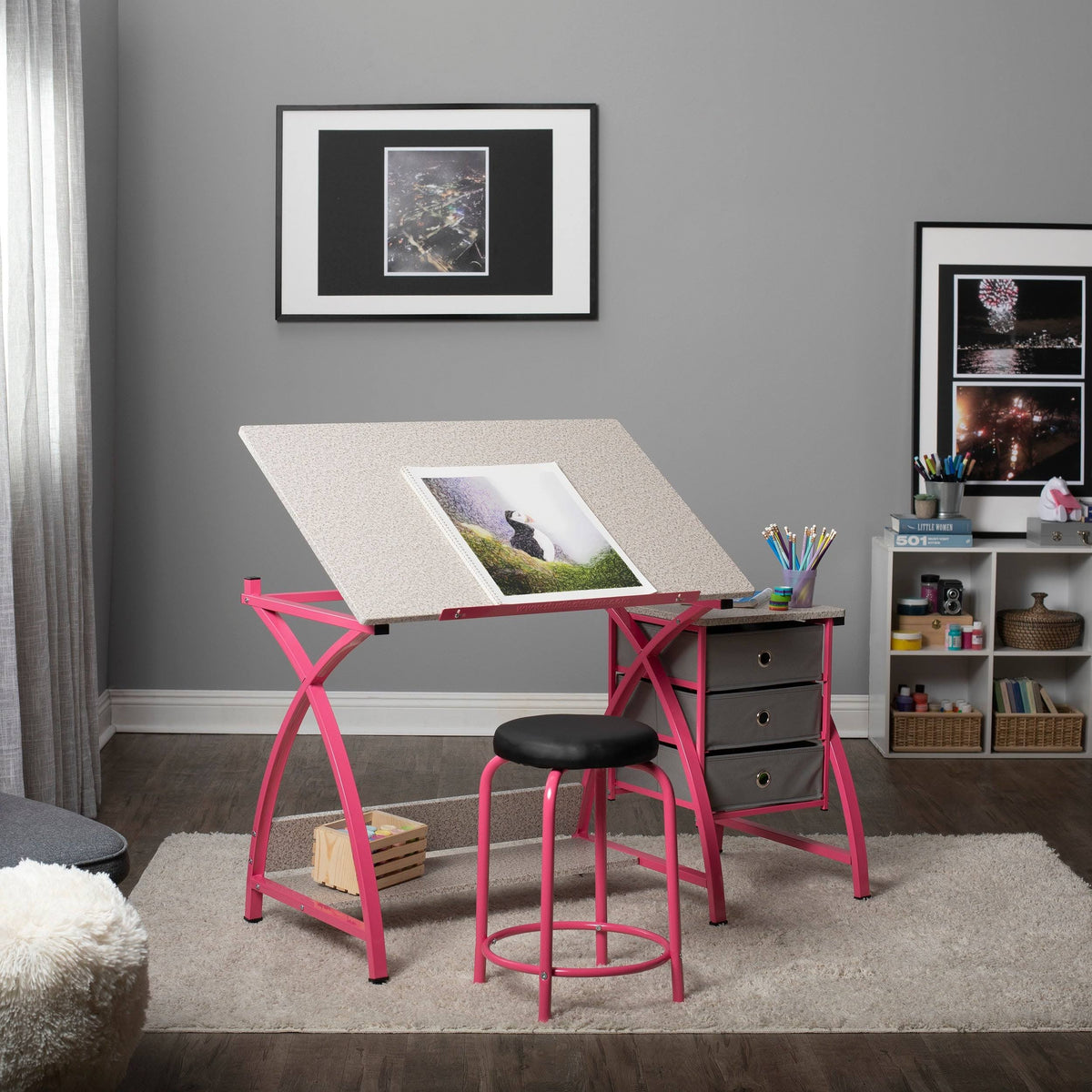 Black and White Drawing Table with Stool Q2578