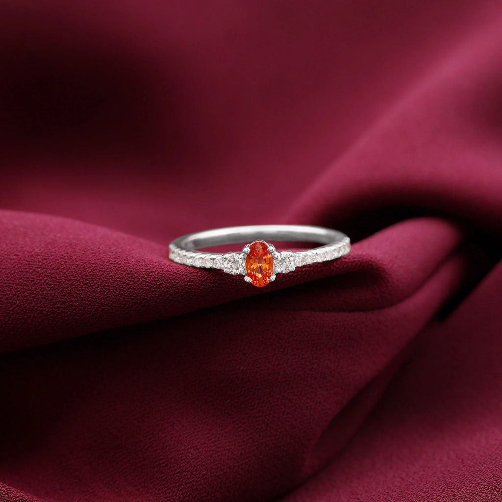 Oval Orange Sapphire Solitaire Ring with Diamond Side Stones, 10K White Gold F371494