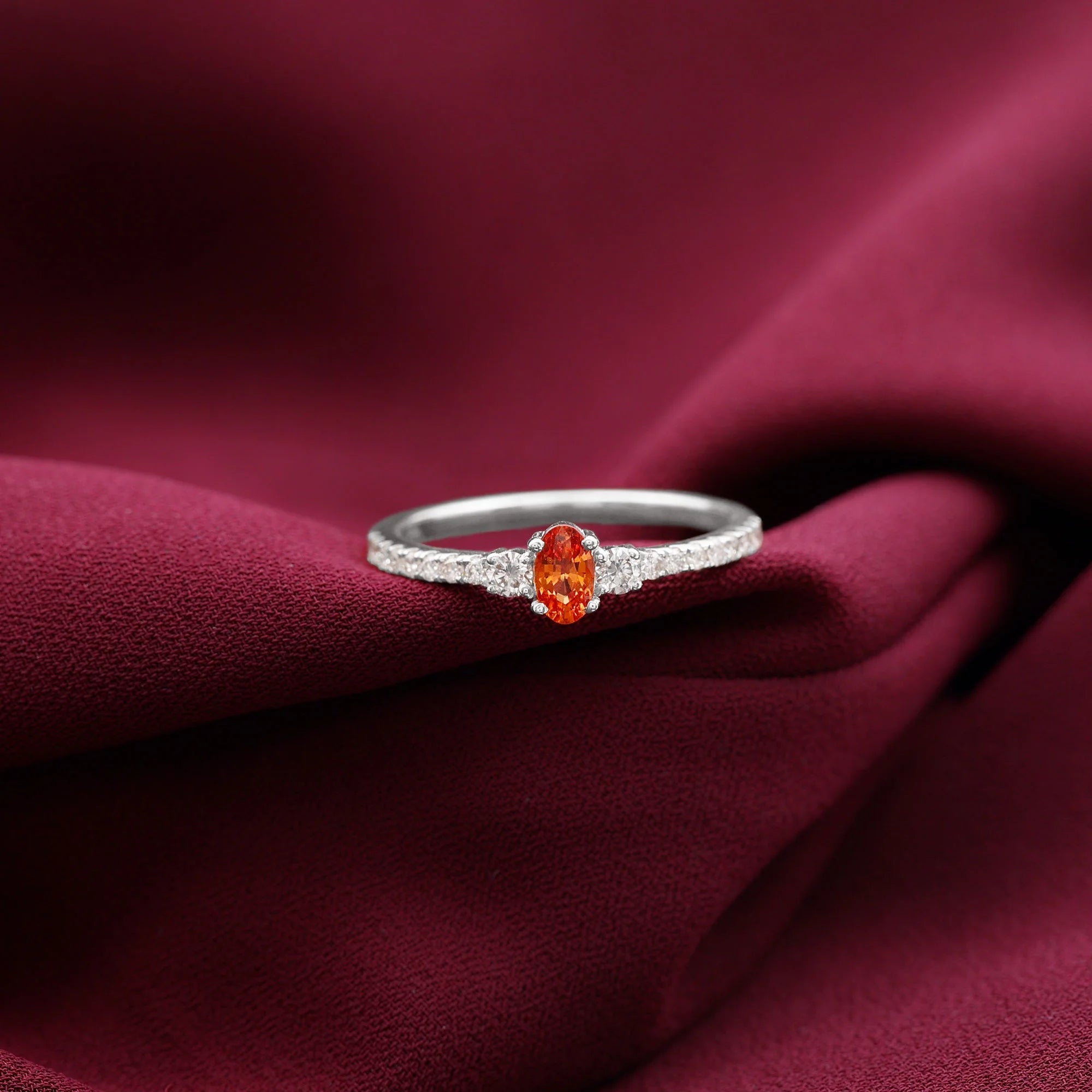 Oval Orange Sapphire Solitaire Ring with Diamond Side Stones, 10K White Gold F371494