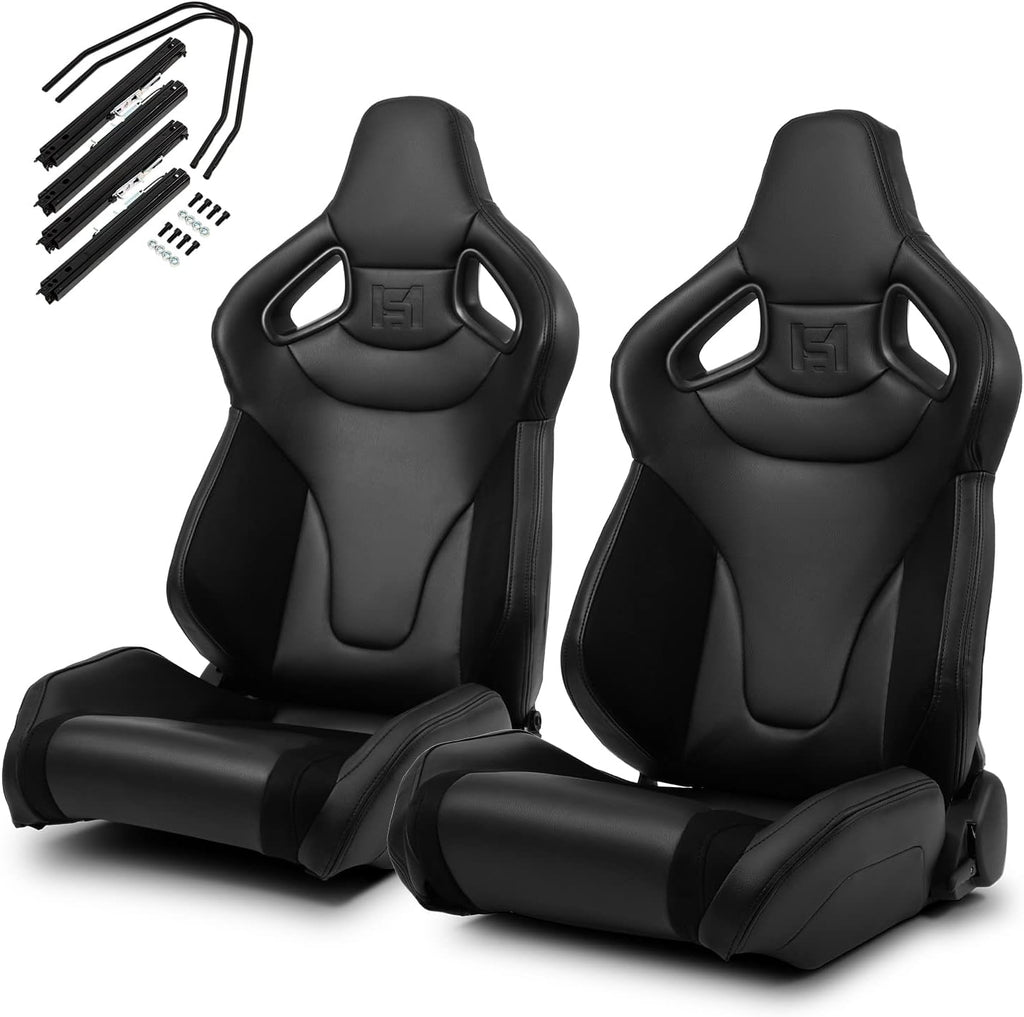 1 Pair Universal Black PVC Sport Racing Seats with Slider V266