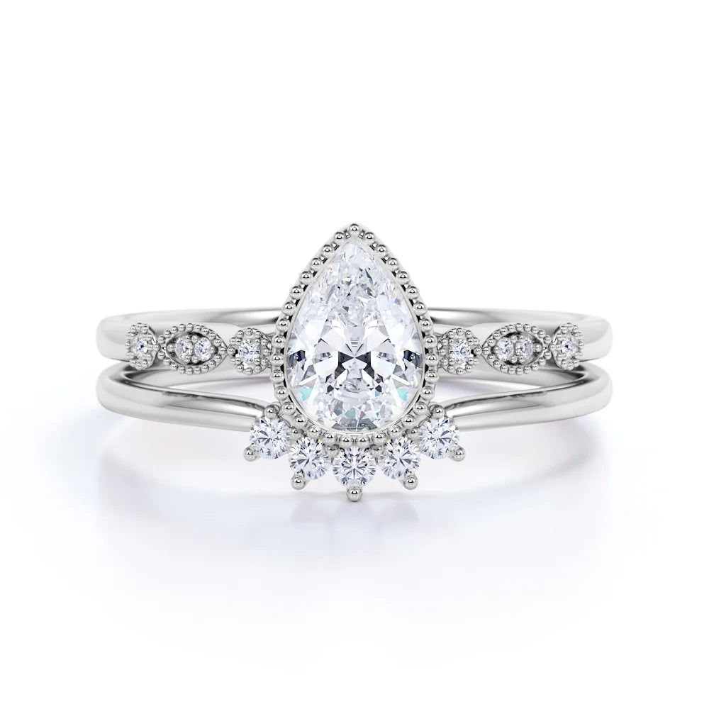 Vintage Pear Shaped Real Diamond Bezel Set Wedding Ring Set in 10k White Gold U829