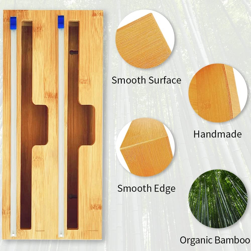 Bamboo Wood Wrap Dispenser with Slide Cutter 2 Slots Aluminum Foil Organizer Pack of 2 J92719