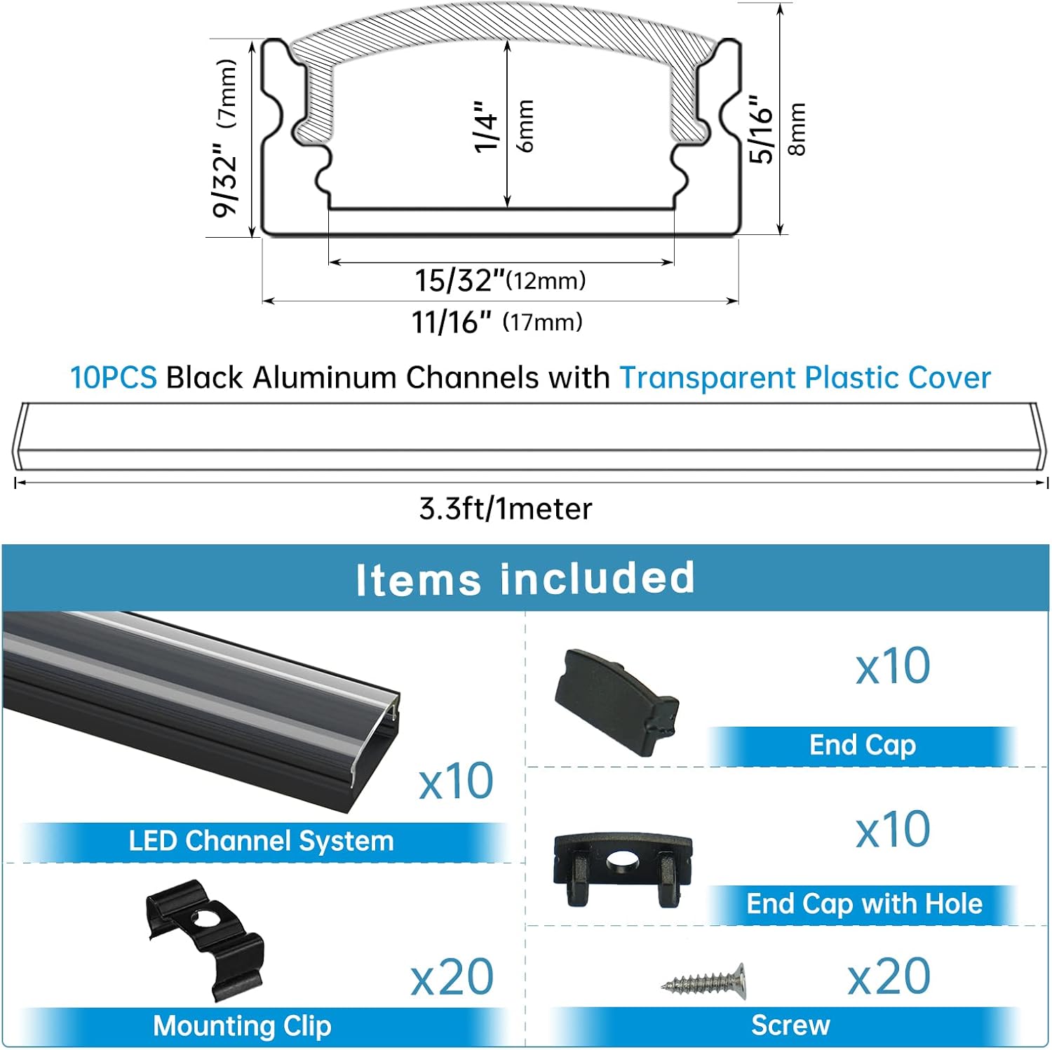 10Pack 3.3FT Black LED Channel System with Clear Cover Lens Aluminum Extrusion Track Housing Profile U Shape L3649