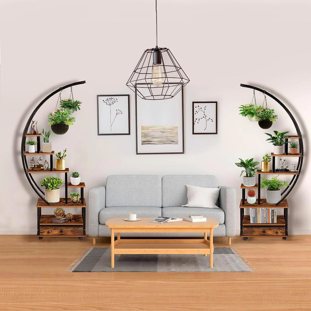 7-Tier Half Moon Plant Stand with Lockable Wheels, 71" Tall Plant Shelf with Drawer, 2 pieces Q191