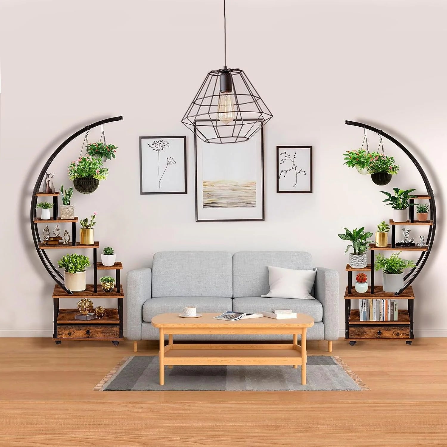 7-Tier Half Moon Plant Stand with Lockable Wheels, 71" Tall Plant Shelf with Drawer, 2 pieces Q191