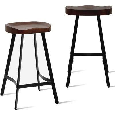 Industrial Rustic Bar Stool Saddle Seat Counter Height Metal and Wood Top Dining Stools, Backless X2590