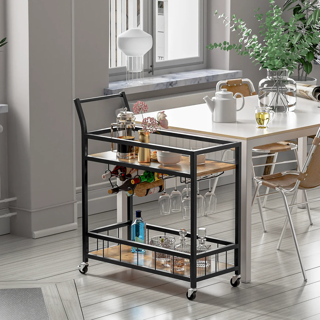 Black Industrial Mobile Bar Cart with Wine Rack and Wood Storage Shelves O750
