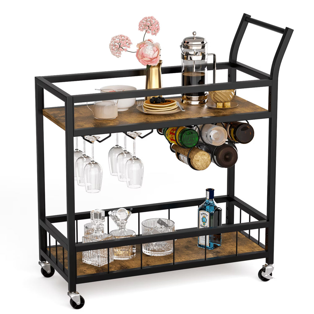 Black Industrial Mobile Bar Cart with Wine Rack and Wood Storage Shelves O750