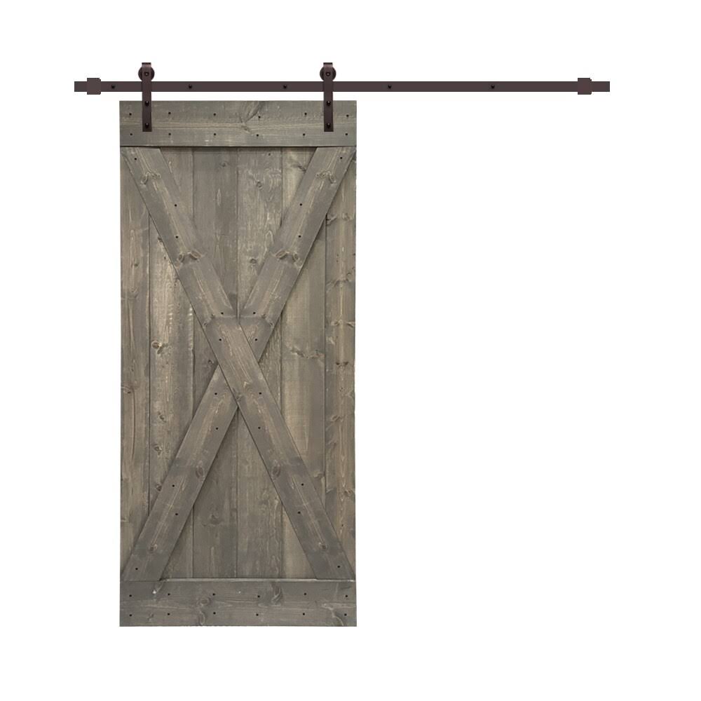Weather Gray Stained Wood Interior Sliding Barn Door with Hardware Kit J625