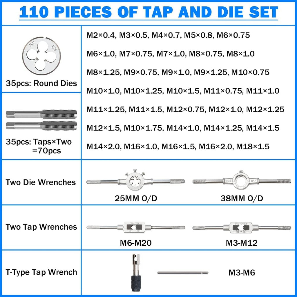 110 Piece Hardened Alloy Steel Metric Tap And Die Threading Tool Set with Storage Case R26232