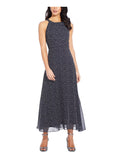 Navy Belted Pleated Polka Dot Sleeveless Halter Midi Dress Petites 16P V447