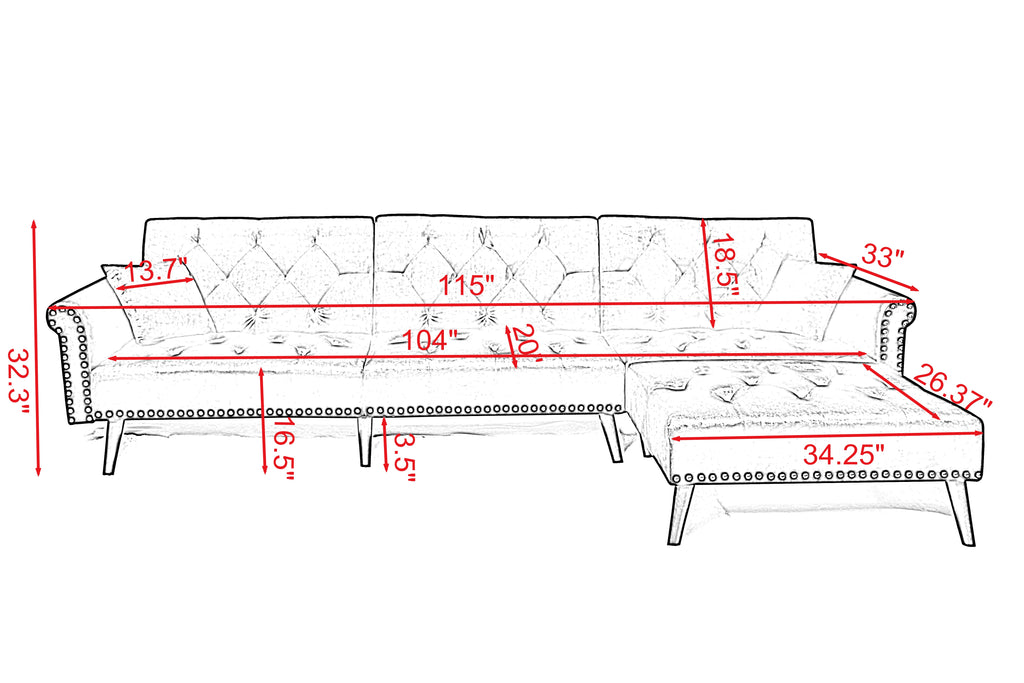 Convertible Sectional Sofa Bed, Velvet L-Shaped 3-Seat Couch Sleeper W411392