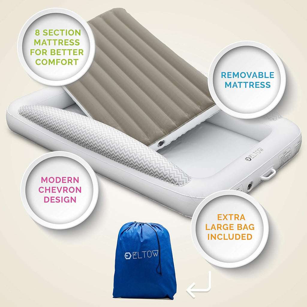Inflatable Toddler Bed Air Mattress with Safety Bumper, Portable Travel Cot with Removable Mattress, High Speed Pump and Travel Bag D529